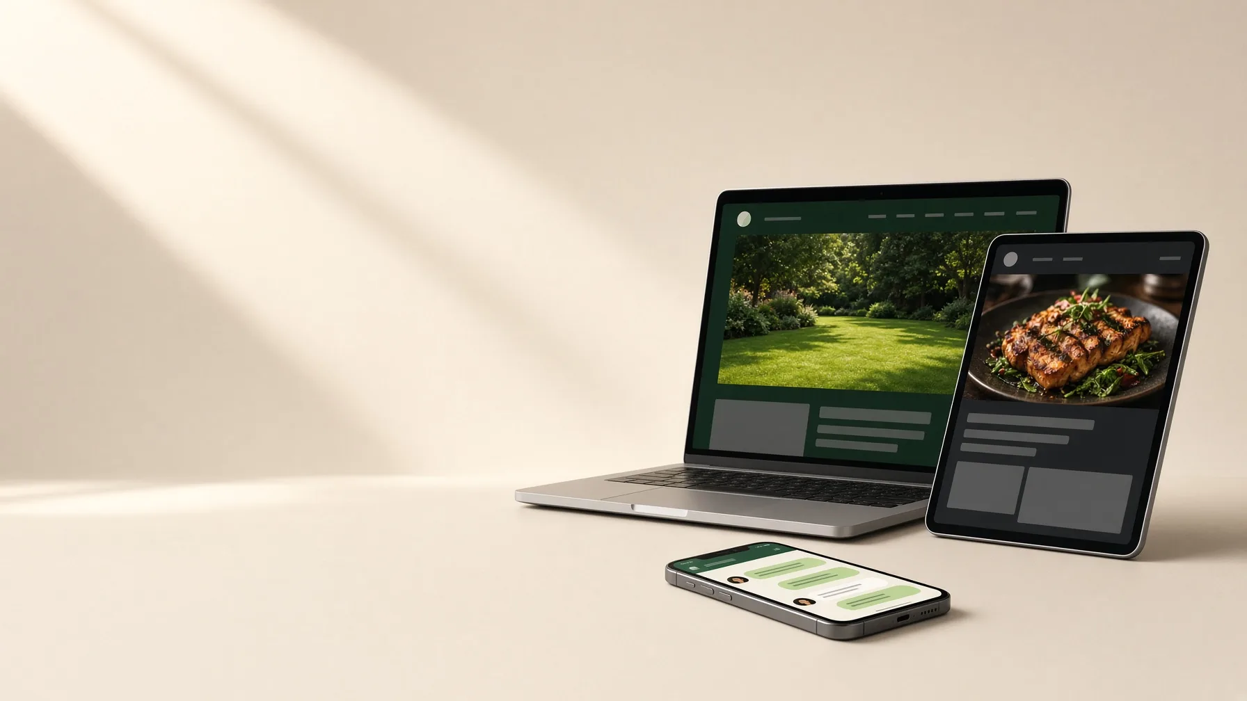 A website and its assistant on a laptop, tablet, and phone