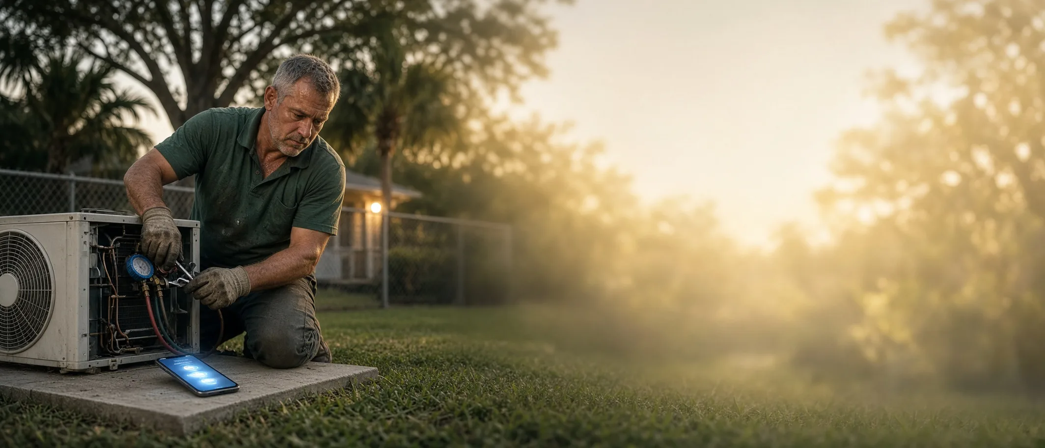 An HVAC technician repairing a condenser unit at sunset while the phone beside him answers a customer