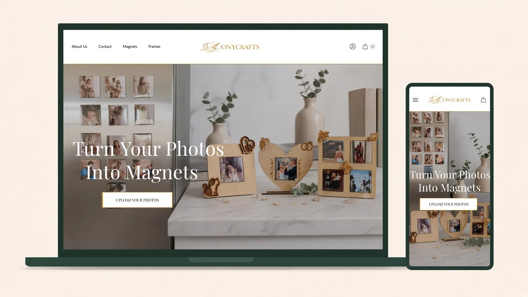The OnyCrafts storefront homepage shown on a laptop and a phone